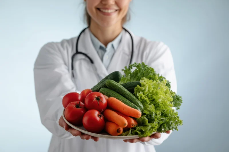 Woman in white coat holding plate of fresh vegetables smiling