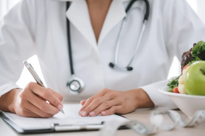 Doctor in white coat writing notes on clipboard at desk with healthy food and measuring tape nearby