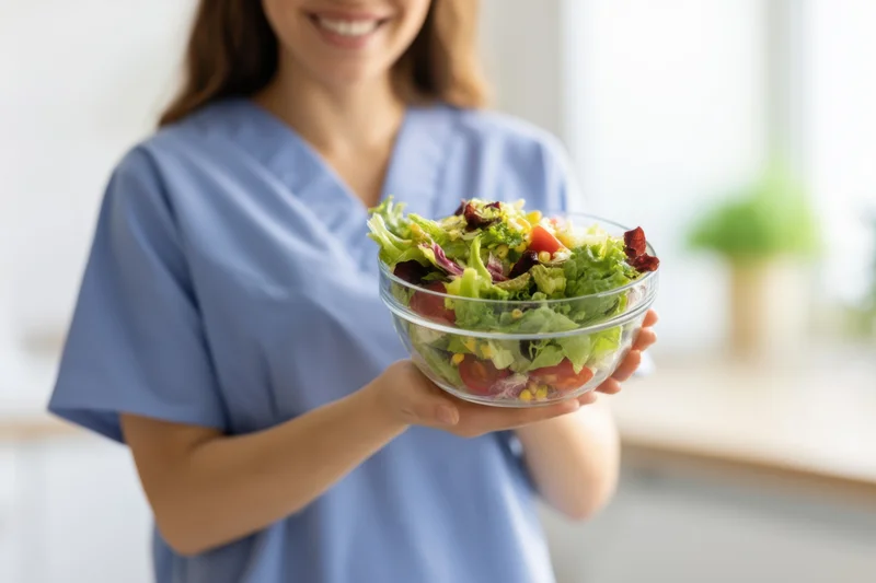 Woman in scrubs holding a glass bowl of fresh salad in a kitchen