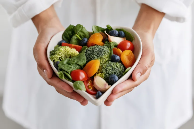 Hands holding a heart-shaped bowl filled with fresh vegetables and fruits