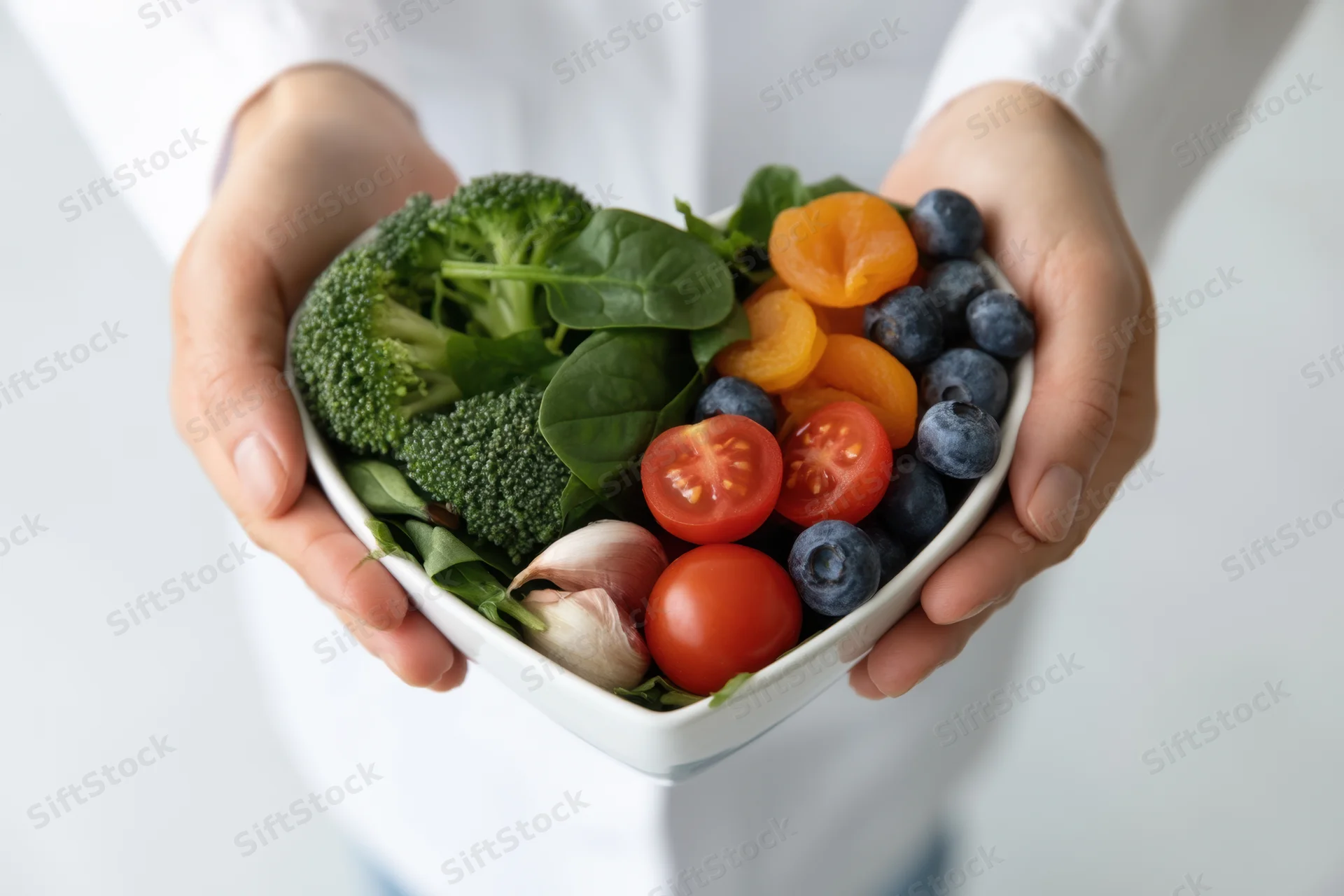 Hands holding a heart-shaped bowl filled with fresh vegetables and fruits