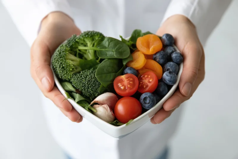 Hands holding a heart-shaped bowl filled with fresh vegetables and fruits
