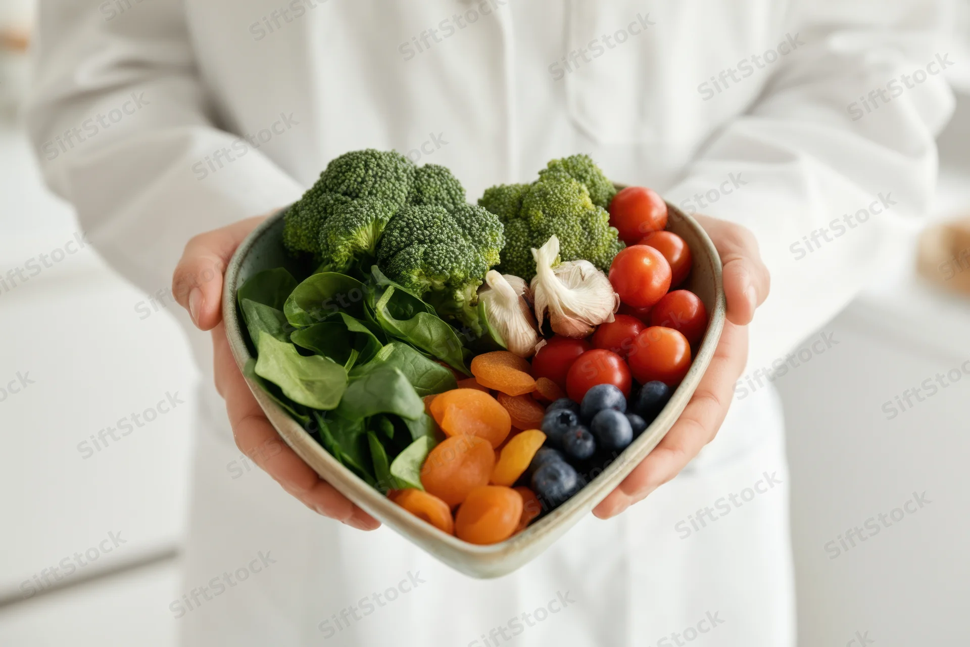 Woman holding heart-shaped bowl filled with fresh vegetables and fruits in kitchen