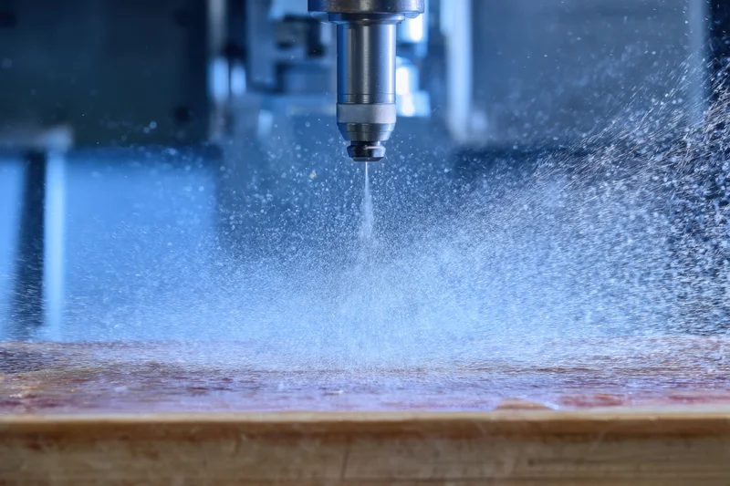 High-pressure waterjet cutting wood in an industrial workshop