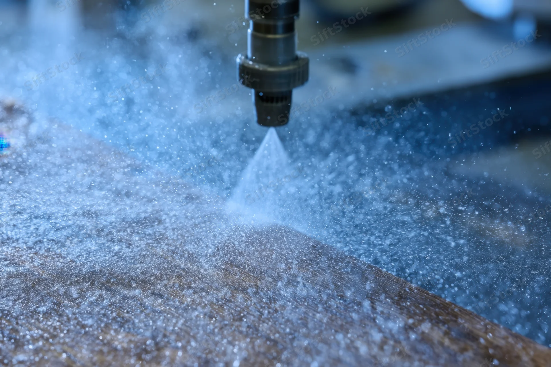High-pressure water jet spraying fine mist onto wooden surface in workshop