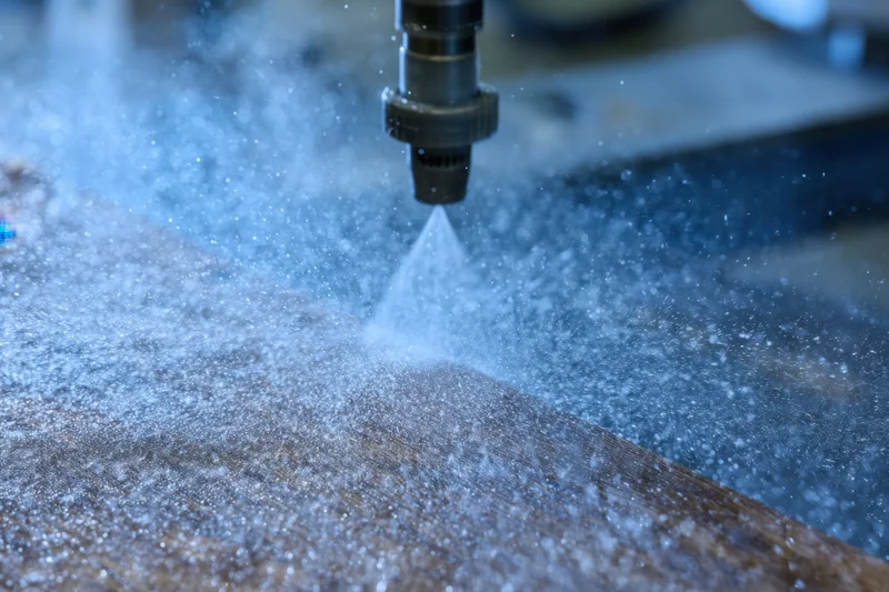 High-pressure water jet spraying fine mist onto wooden surface in workshop