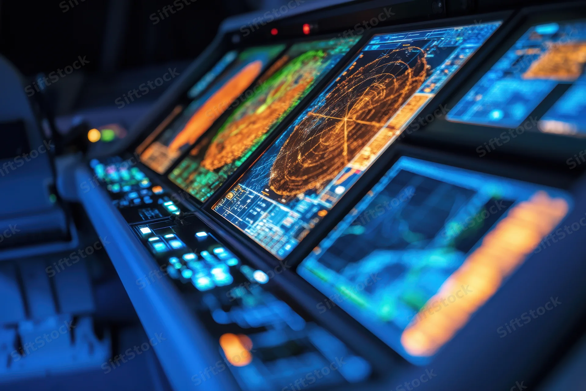 High-tech control panel with multiple screens displaying radar and navigation data in a dimly lit operations center