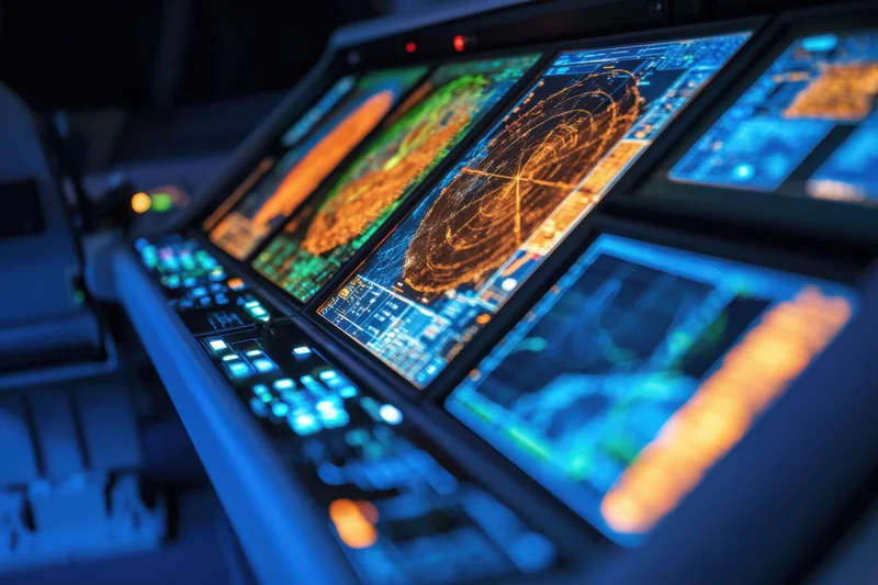 High-tech control panel with multiple screens displaying radar and navigation data in a dimly lit operations center