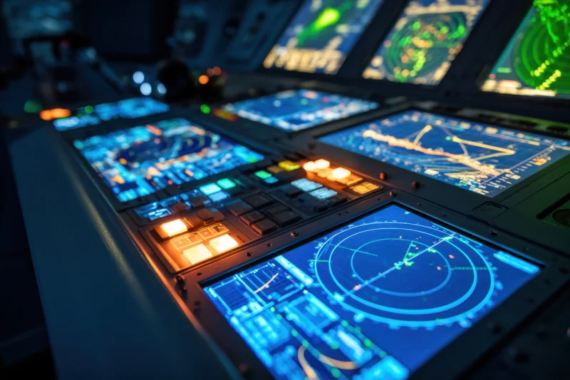 High-tech control panel with illuminated radar displays and navigation screens in a cockpit setting