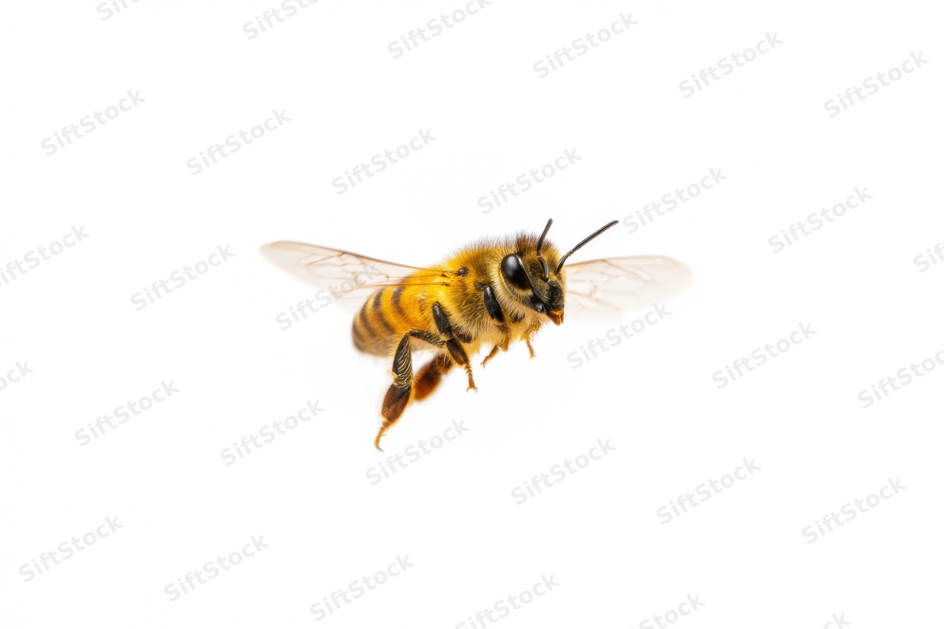 Honeybee in mid-flight with wings extended against white background