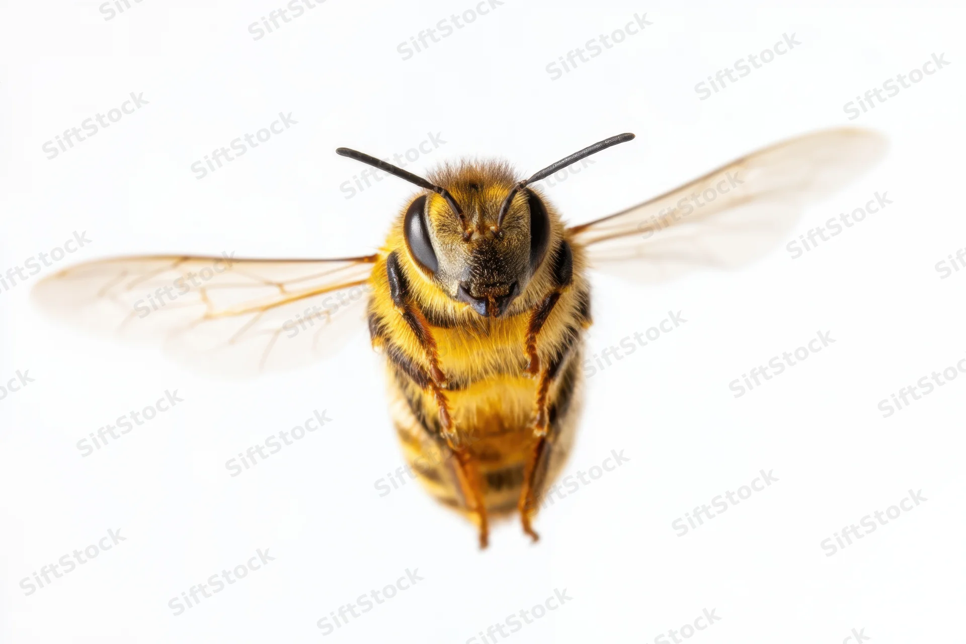 Honeybee in mid-flight with detailed textures of wings and body against white background