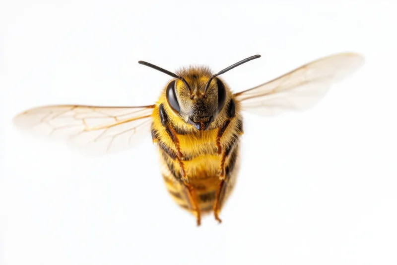 Honeybee in mid-flight with detailed textures of wings and body against white background