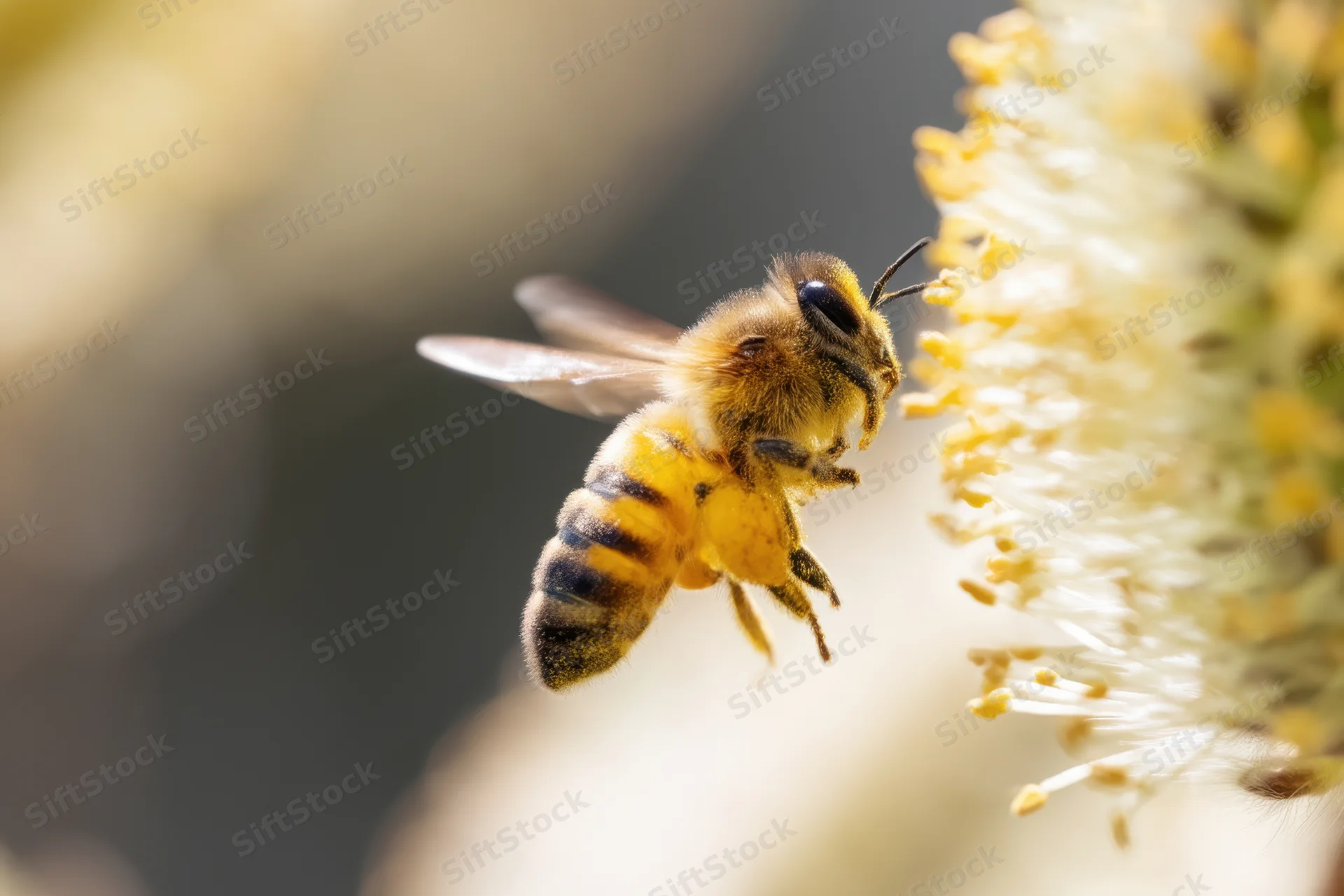 Honeybee hovering near a white flowering plant, feeding on nectar in daylight