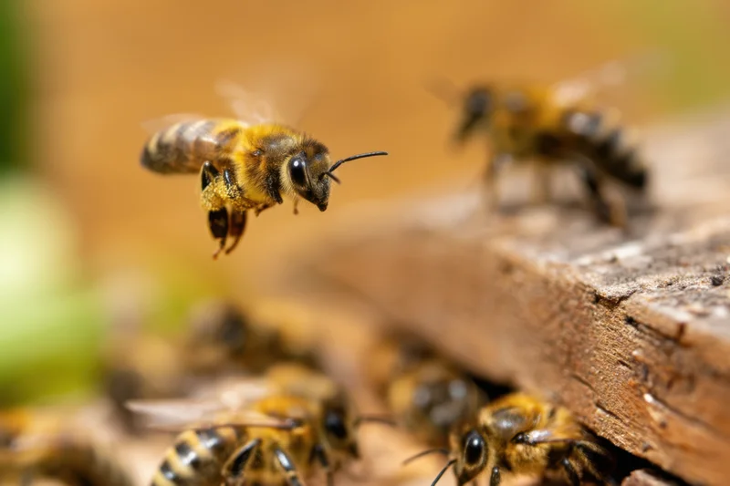 Honeybee in mid-flight hovering near wooden hive entrance with blurred wings and other bees visible below