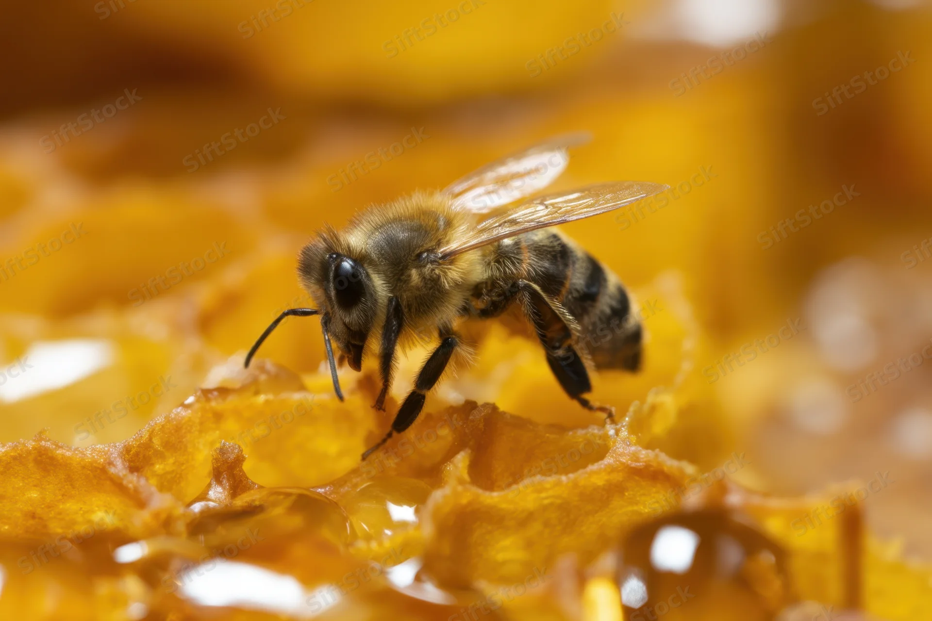 Honeybee perched on honeycomb cell with translucent wings and golden wax structure in closeup view