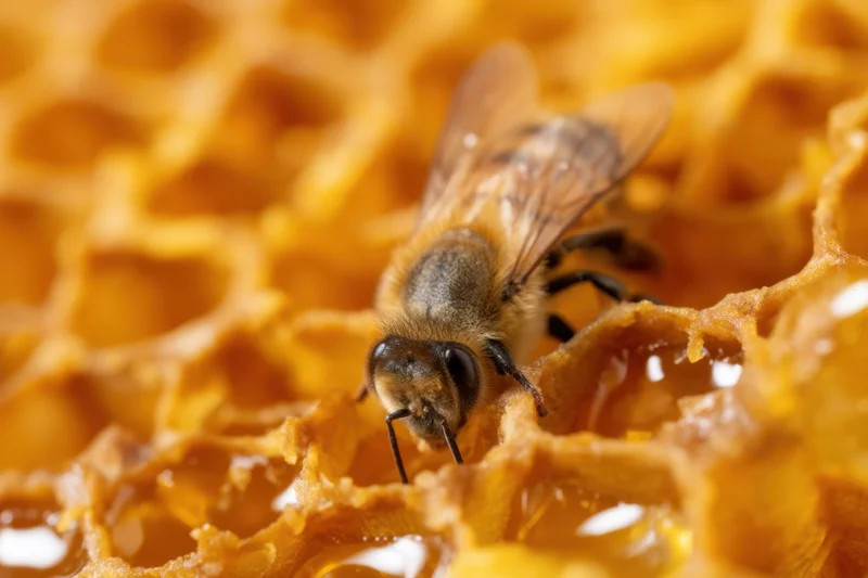 Honeybee foraging on honeycomb cell in apiary hive