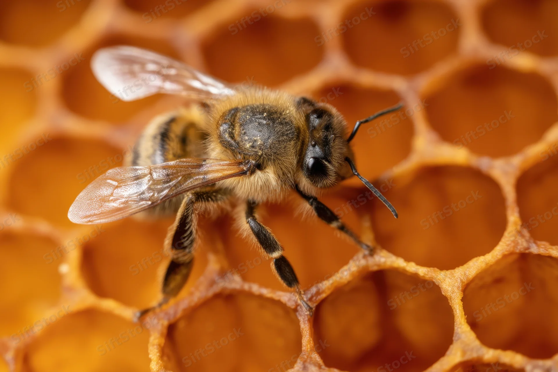 Honeybee perched on honeycomb structure with detailed texture and translucent wings in natural light
