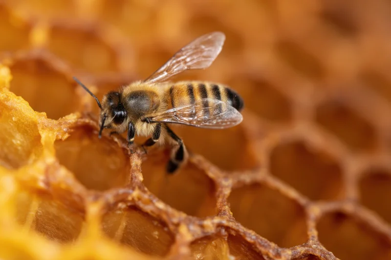 Honeybee perched on honeycomb with detailed wax cells and striped body visible