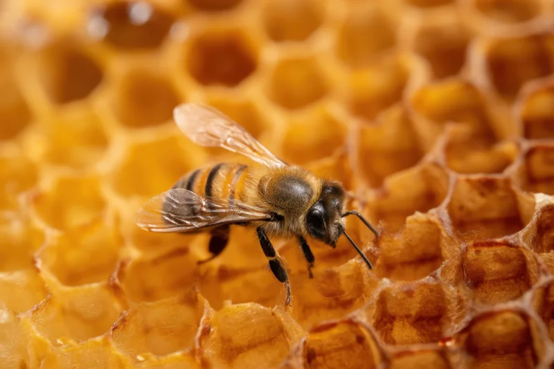 Honeybee perched on honeycomb structure showing detailed wax cells and translucent wings