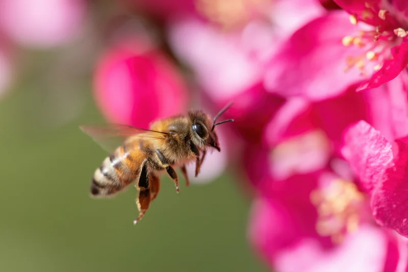 Honeybee in mid-flight approaching a pink flower in a garden setting