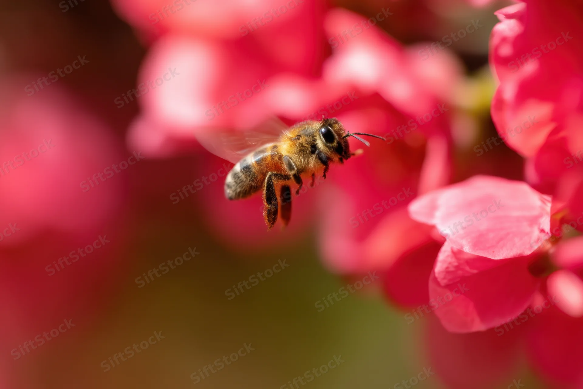 Honeybee in mid-flight approaching pink blossoms in a garden
