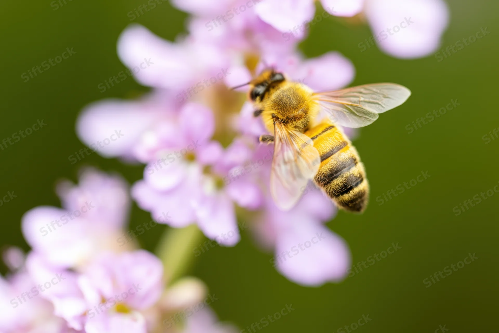 Honeybee perched on a cluster of soft purple flowers in a garden setting