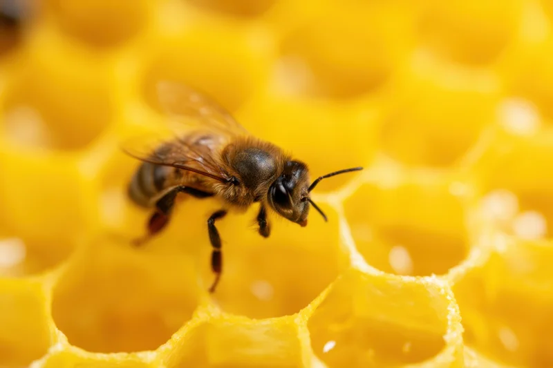 Honeybee perched on honeycomb structure in hive