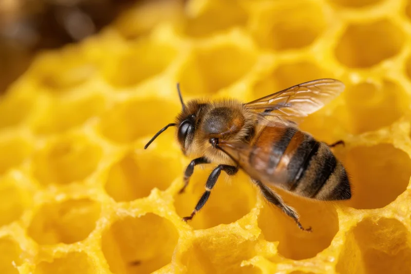 Honeybee perched on honeycomb structure with hexagonal cells visible in close-up view