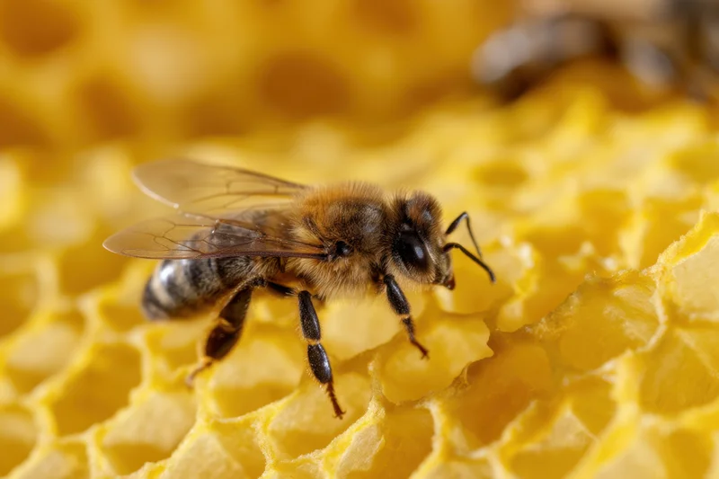 Honeybee perched on honeycomb structure in hive