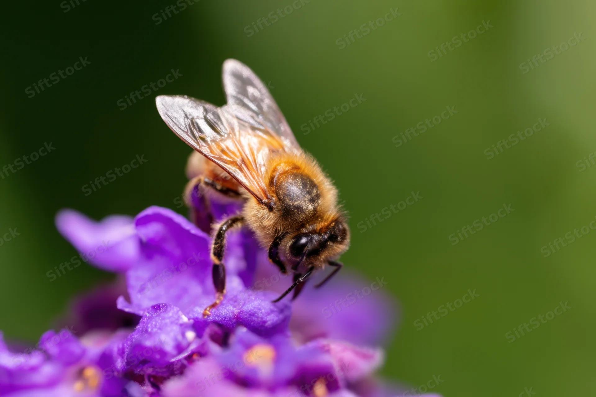 Honeybee collecting nectar from a purple flower in a garden setting
