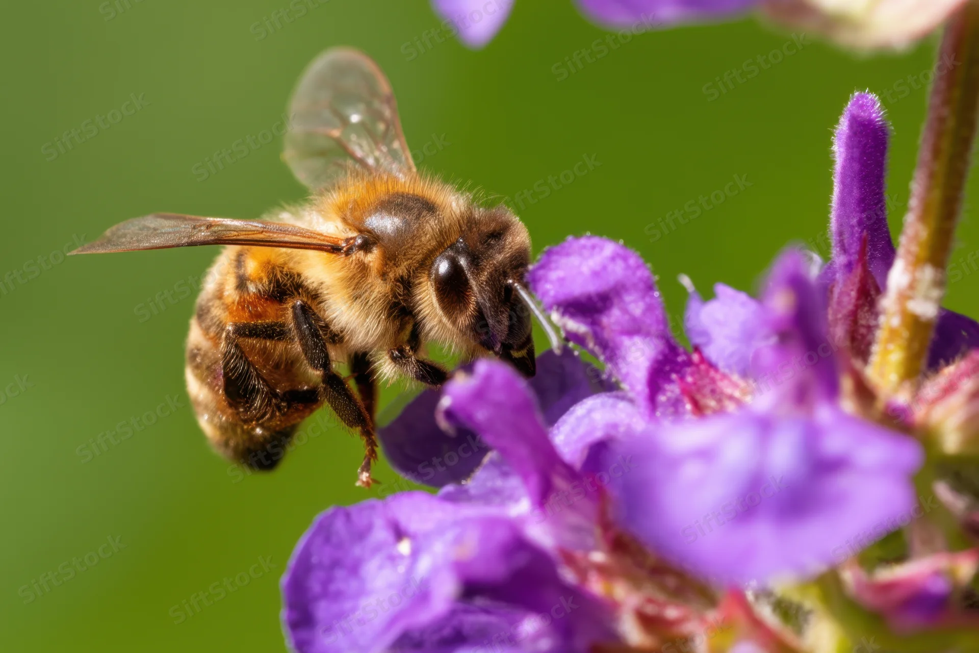 Honeybee feeding on purple flower in garden setting