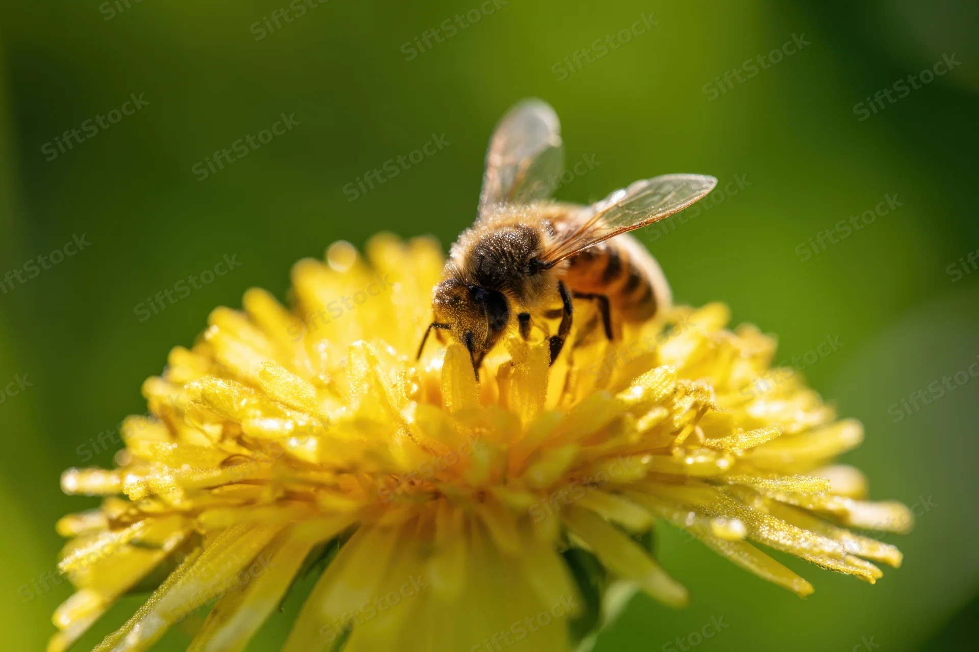 Honeybee foraging on a yellow dandelion flower in a garden setting