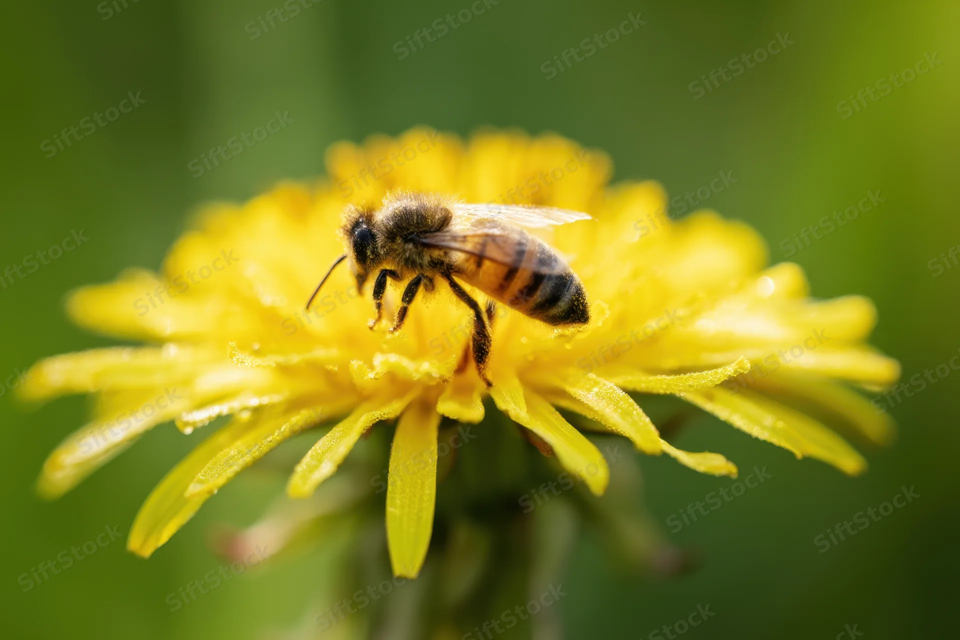 Honeybee foraging on a yellow dandelion flower in a garden setting