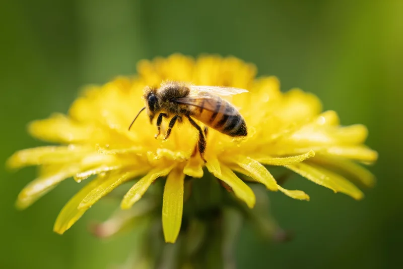 Honeybee foraging on a yellow dandelion flower in a garden setting