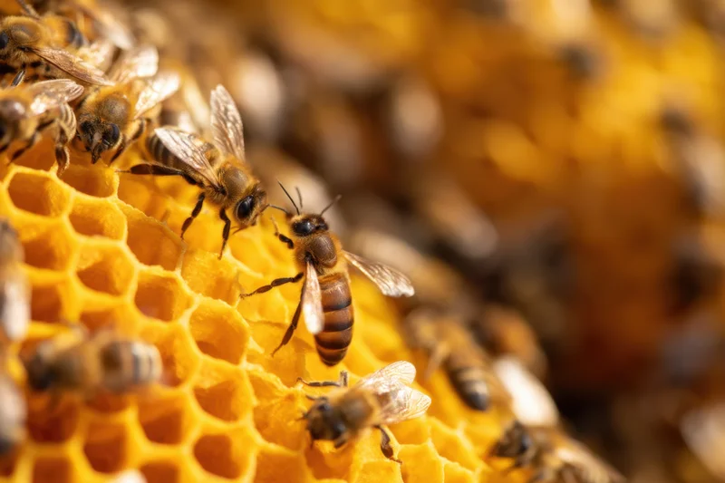 Bees crawling on a honeycomb with hexagonal wax cells