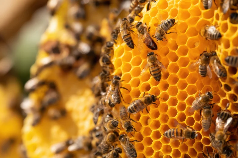Bees crawling on a honeycomb with hexagonal wax cells