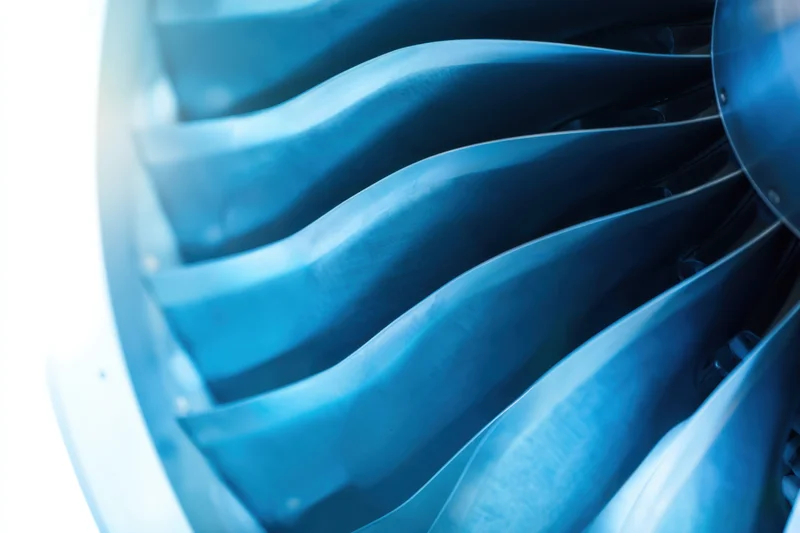 Close-up of jet engine turbine blades showing curved metallic surfaces in blue tone isolated on white