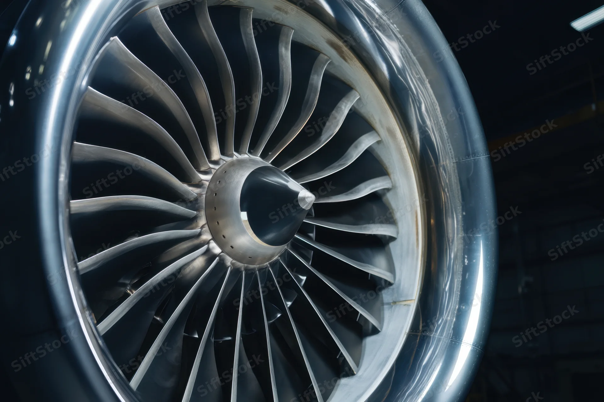 Close-up of a jet engine turbine with metallic blades arranged in circular pattern inside engine nacelle