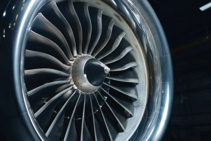 Close-up of a jet engine turbine with metallic blades arranged in circular pattern inside engine nacelle