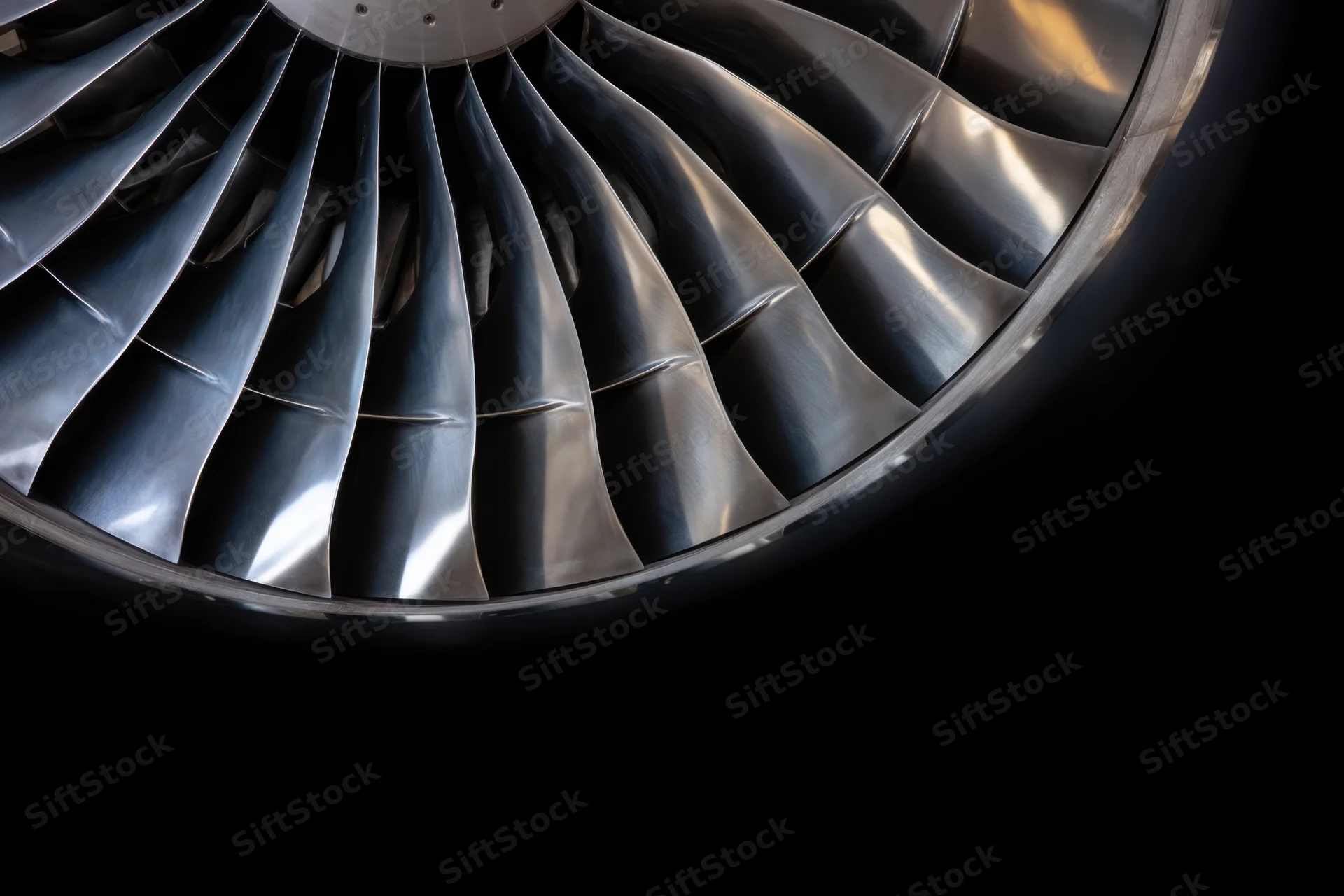 Close-up of jet engine turbine blades arranged in circular pattern against dark background