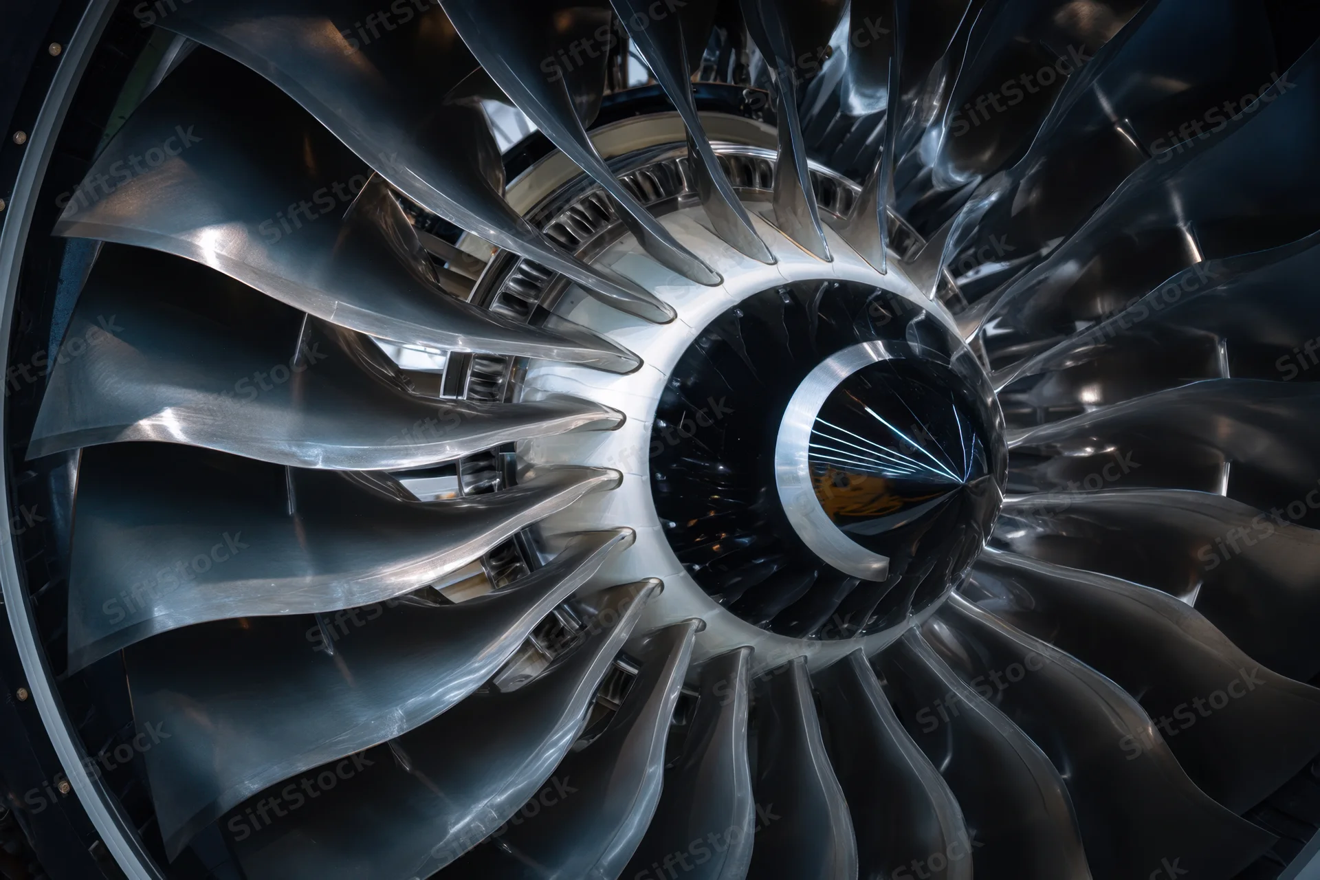 Closeup of jet engine turbine blades showing metallic fan structure
