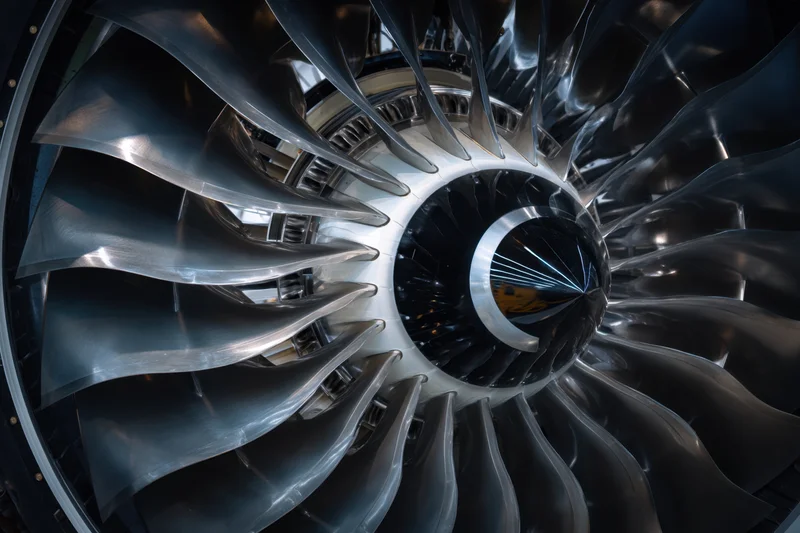Closeup of jet engine turbine blades showing metallic fan structure