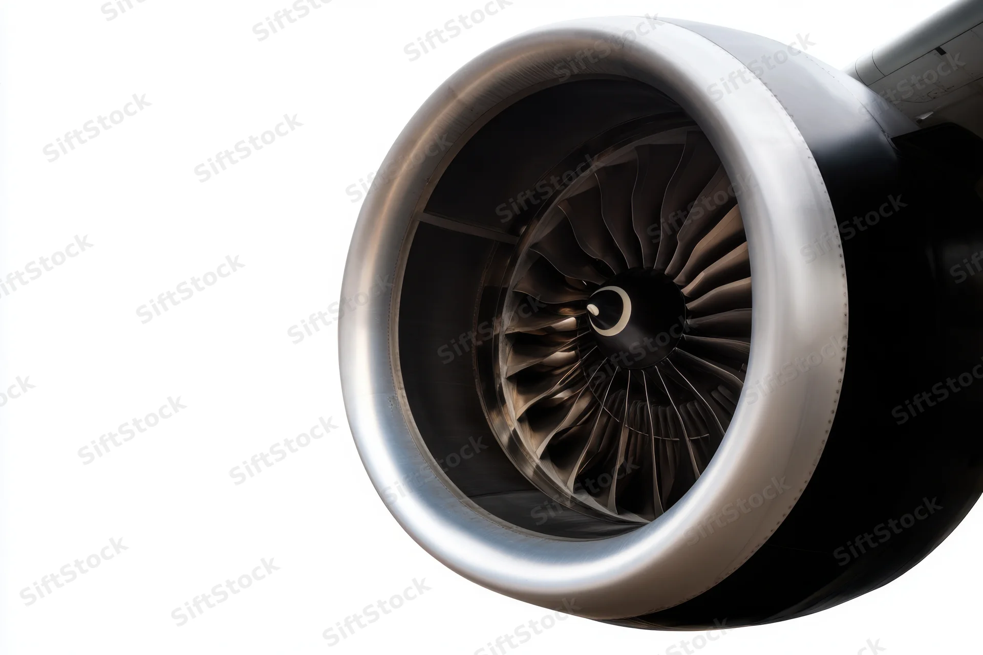 Close-up of a jet engine turbine with visible fan blades against a white background