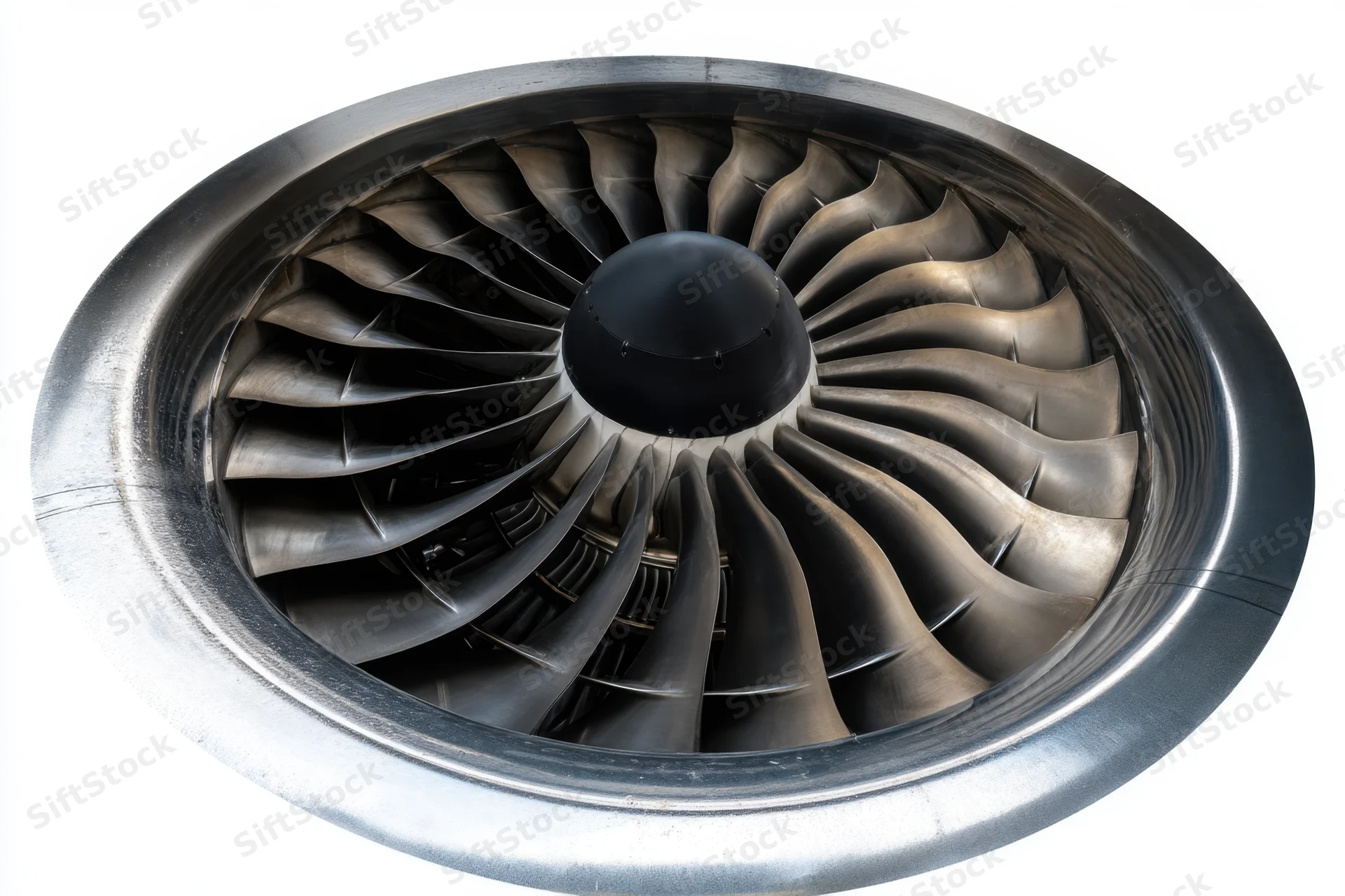 Close-up of a jet engine turbine with fan blades arranged in a circular pattern, isolated on white