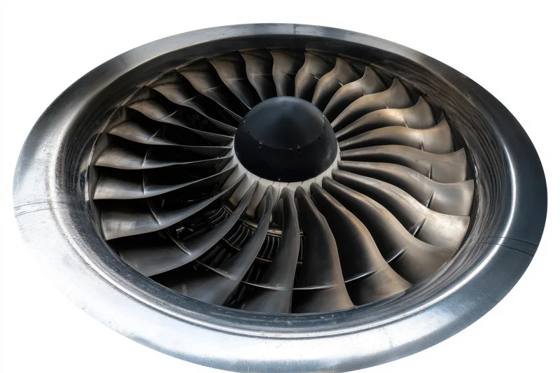 Close-up of a jet engine turbine with fan blades arranged in a circular pattern, isolated on white