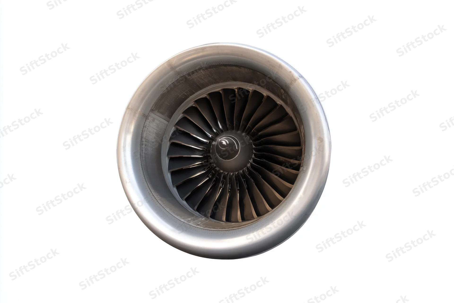 Front view of a jet engine turbine with visible fan blades against a white background