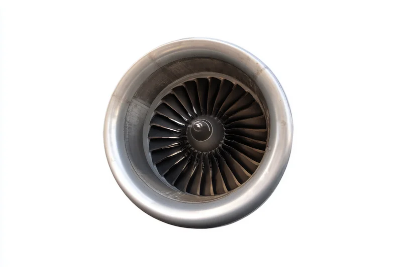 Front view of a jet engine turbine with visible fan blades against a white background