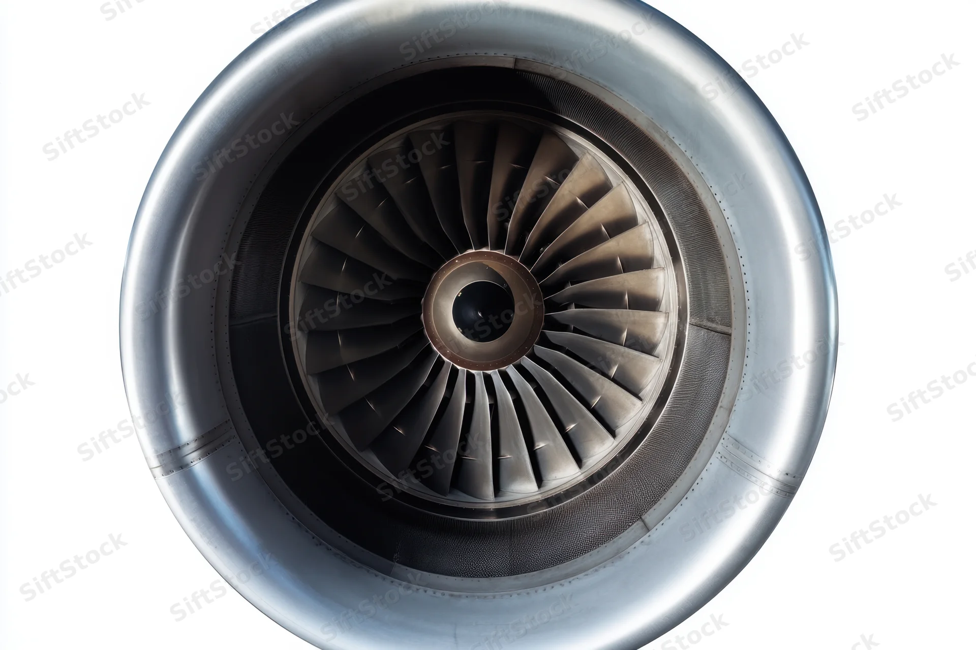 Close-up of a jet engine turbine with visible fan blades arranged in a circular pattern against a white background