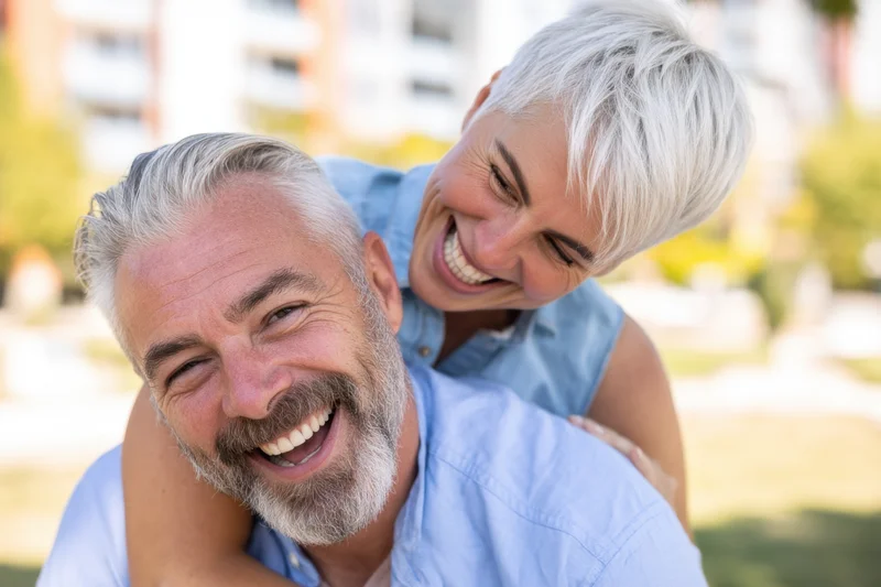 Man carrying woman on his back while both laugh in a park