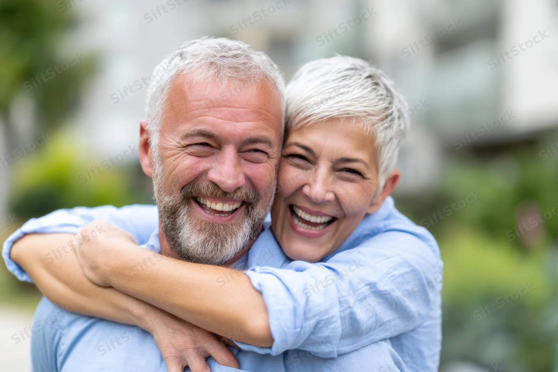 Senior couple laughing and hugging outdoors in a garden setting